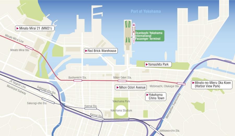Žemėlapis Yokohama kruizinių laivų terminalo 